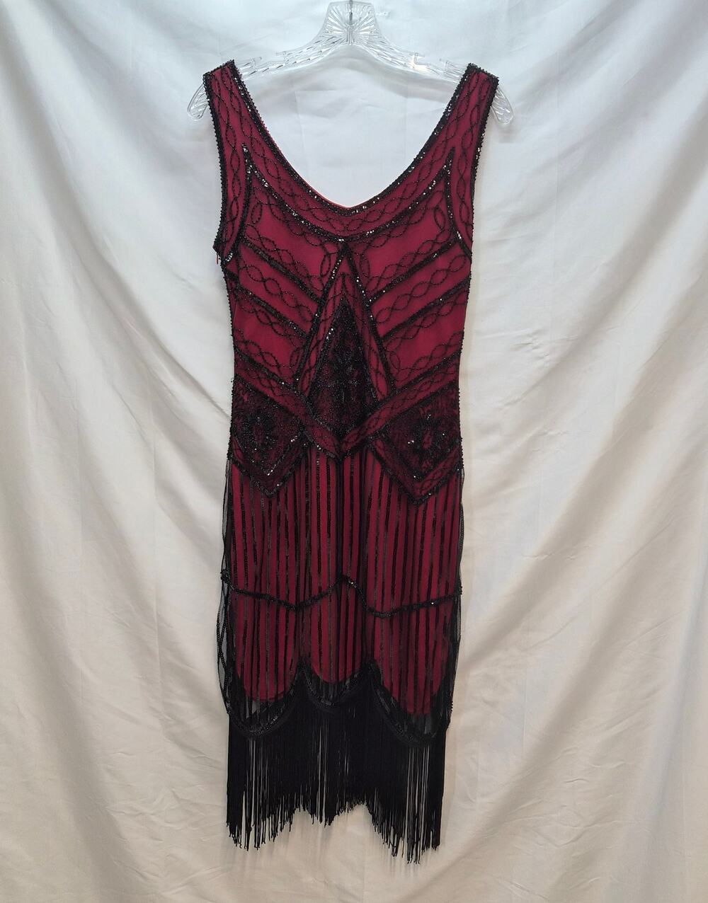 Beaded Fringe Red Black Midi Flapper Dress 1920's Style S Romantic Gatsby Party